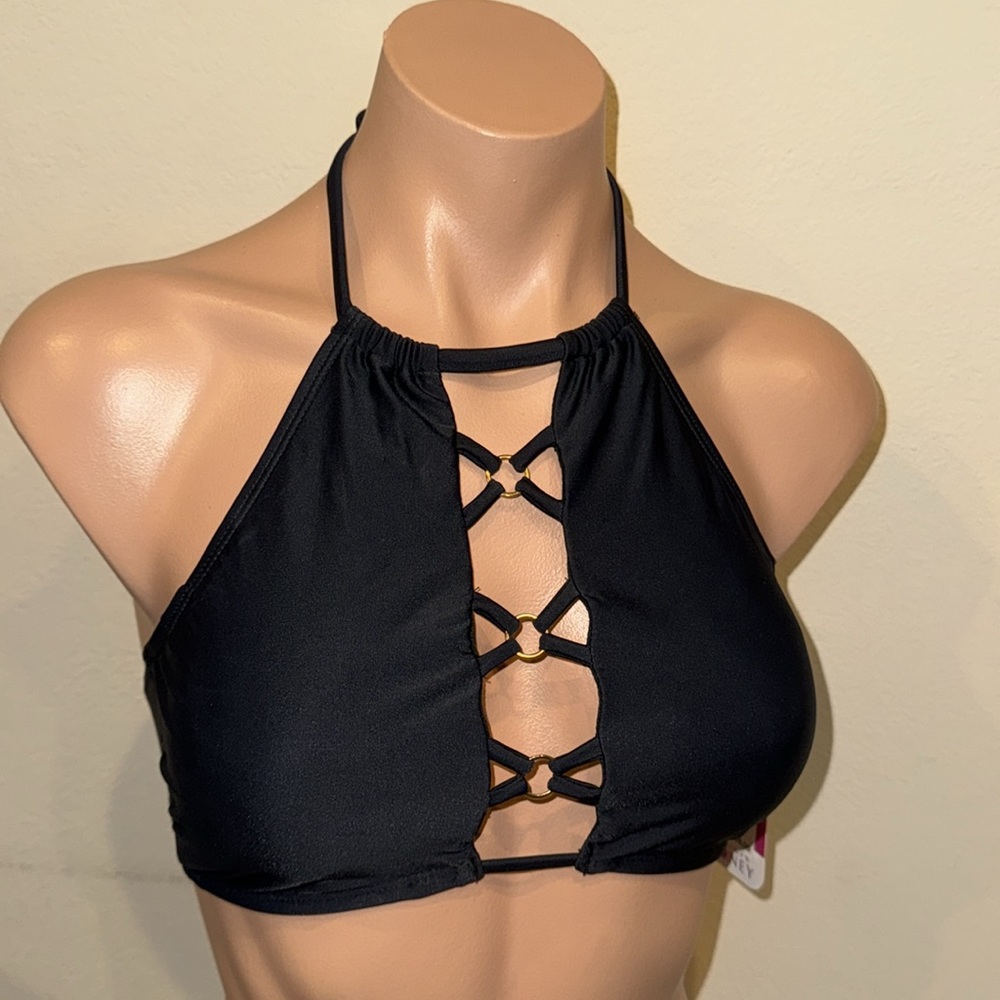 Hula Honey Black Halter Lace-Up Bikini Top-NWT